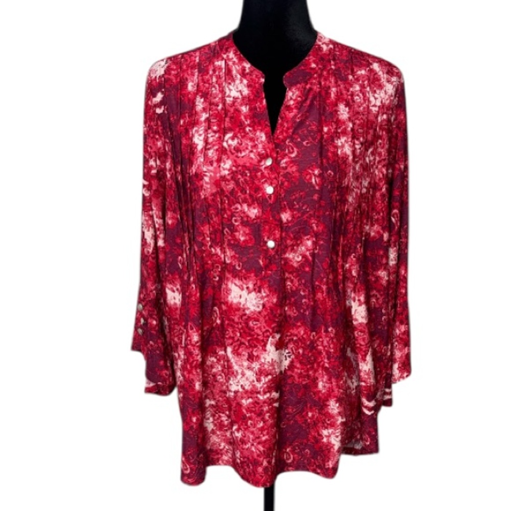 Notations - Red and White Floral Blouse w/ Flared 3/4 sleeves - Size 1X